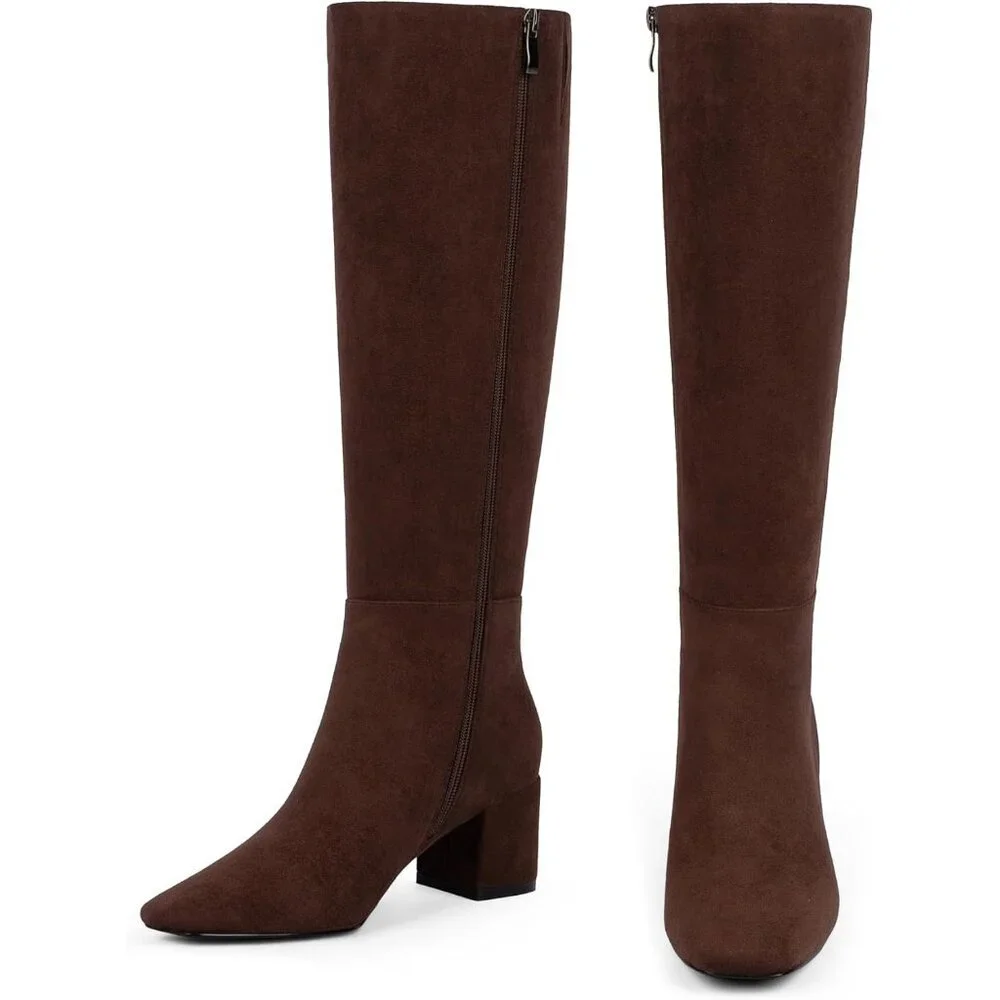 Women's Suede Chocolate Knee High Boots Square Toe Tall Chunky Heel Rubber